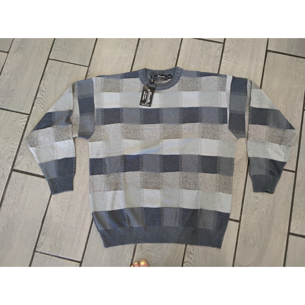 Marcello Exclusive Fine Yarns XXL Grey Blue Geometric Knit Sweater Italy NWT